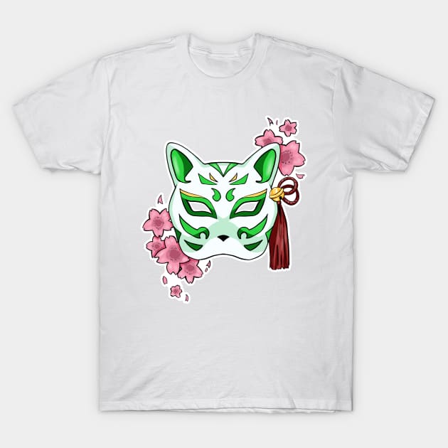 Cherry Blossom Fox Green Mask - A Playful and Elegant Design T-Shirt by alexandre-arts